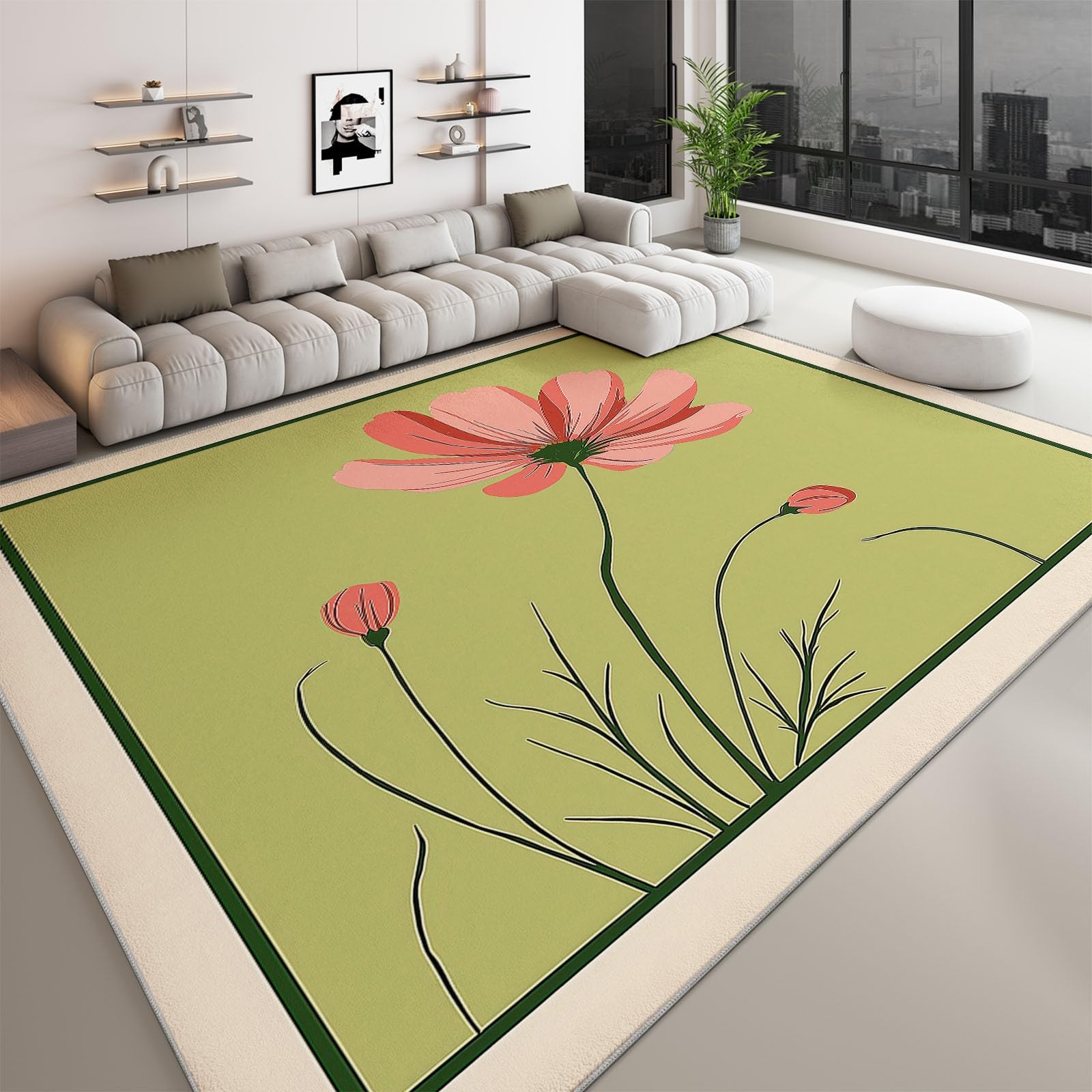 Tapis de salon lavable en machine 160 x 230 cm mode médiévale moderne, coureur faible poil antidérapant avec plantes fleurs sauge vert - tapis chambre pour la chambre à coucher le bureau à domicile