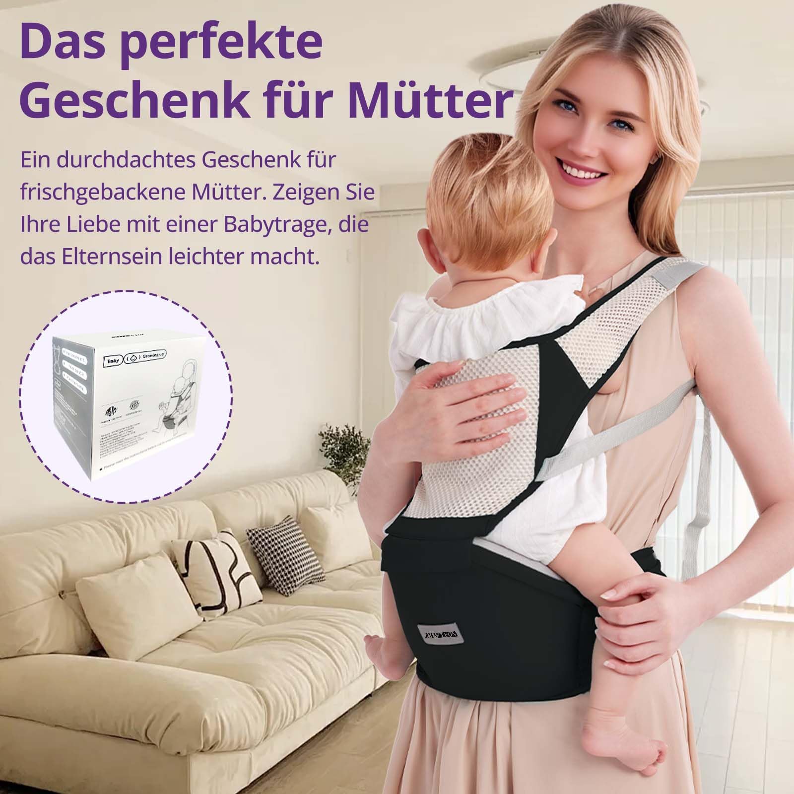 Ergonomische Babytrage mit Verstellbarem Gurt - 6-in-1 Neugeborenen-Kleinkind-Tragetuch, Atmungsaktive Mesh-Babytrage für Sommer, Kompakt für Reisen & Outdoor-Abenteuer (Schwarz)