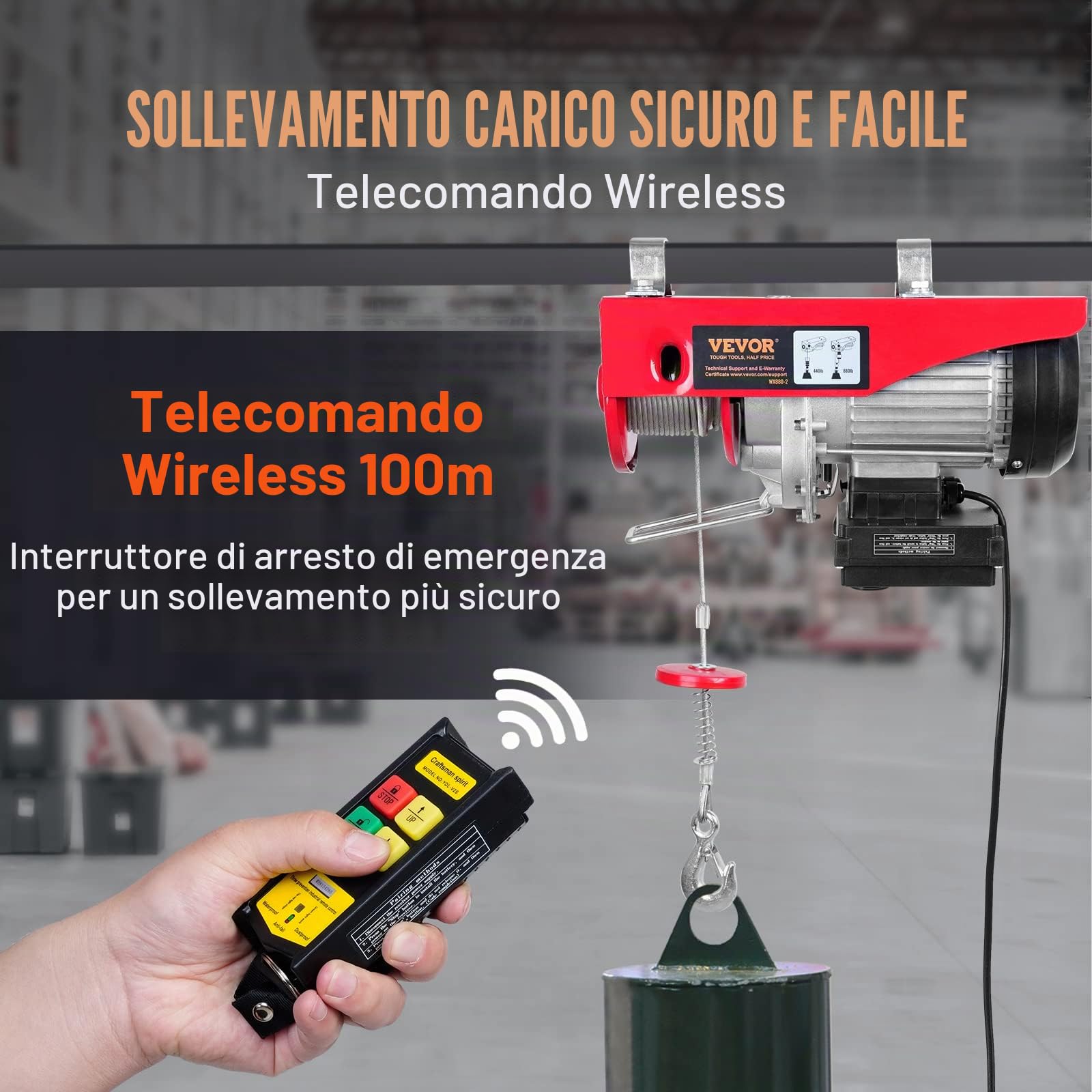 VEVOR Paranco a Leva Elettrico 850 W Carico Max. da 400 kg Motore con Telecomando Senza Filo Distanza da 10m, Paranco Elettrico a Leva per Sollevamento Carico Velocità 10 m/min Altezza 12m