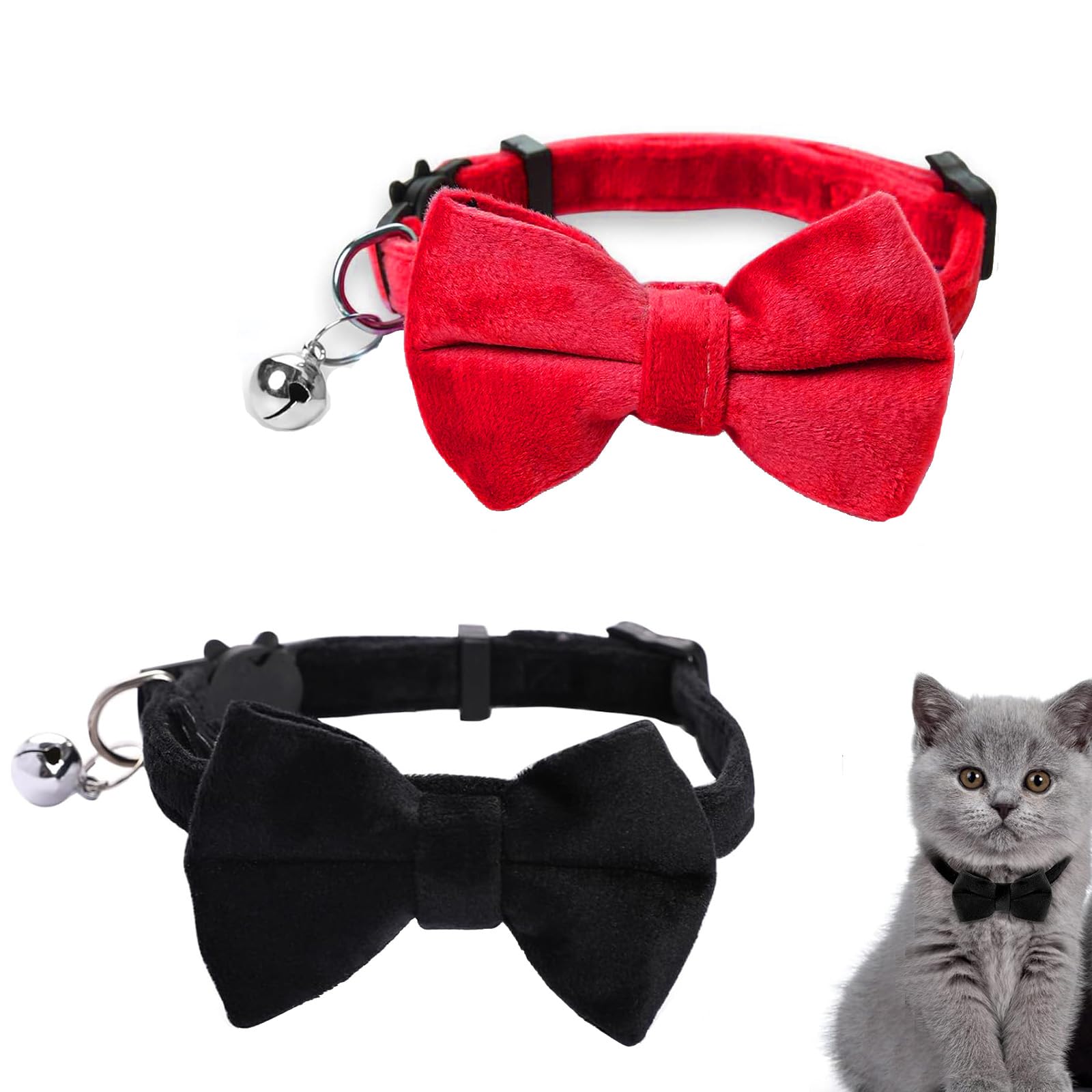 2 Collar Gato,Collares De Gato De Terciopelo con Campana Y Corbatín,Collares Ajustables De Fibra De Poliéster para Gato(Negro,Rojo)