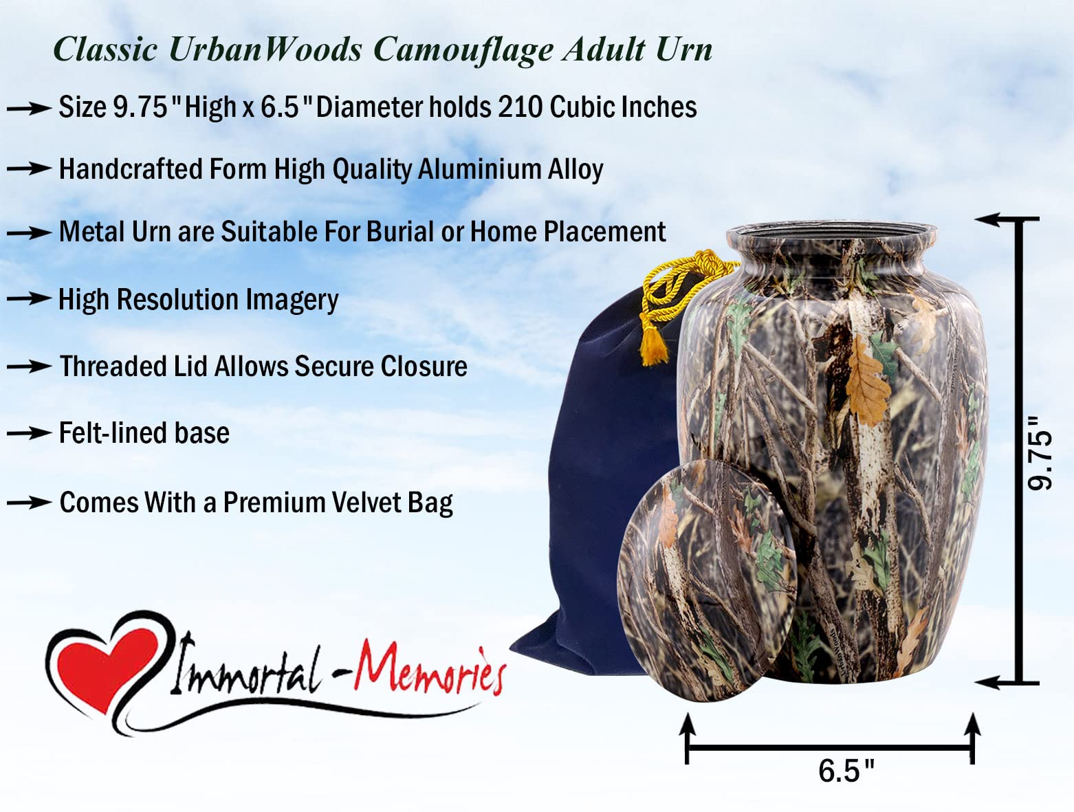 Immortal Memories Camouflage Urn - UrbanWoods Cremation for Ashes Adult Large Memorial Forest Handcrafted Hunting (Large), Brown (UWC-L)