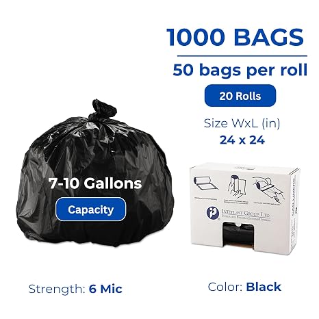 Inteplast Commercial Can Liners, 7-10 Gal Capacity, Black color, 1000 Count