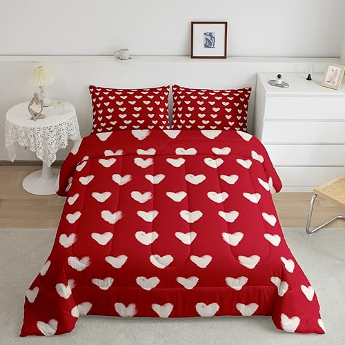 Miniatura 3 de Juego de edredón rojo y blanco, tamaño King, ropa de cama con patrón de corazón lindo para niños y niñas, regalo del día de San Valentín, edredón