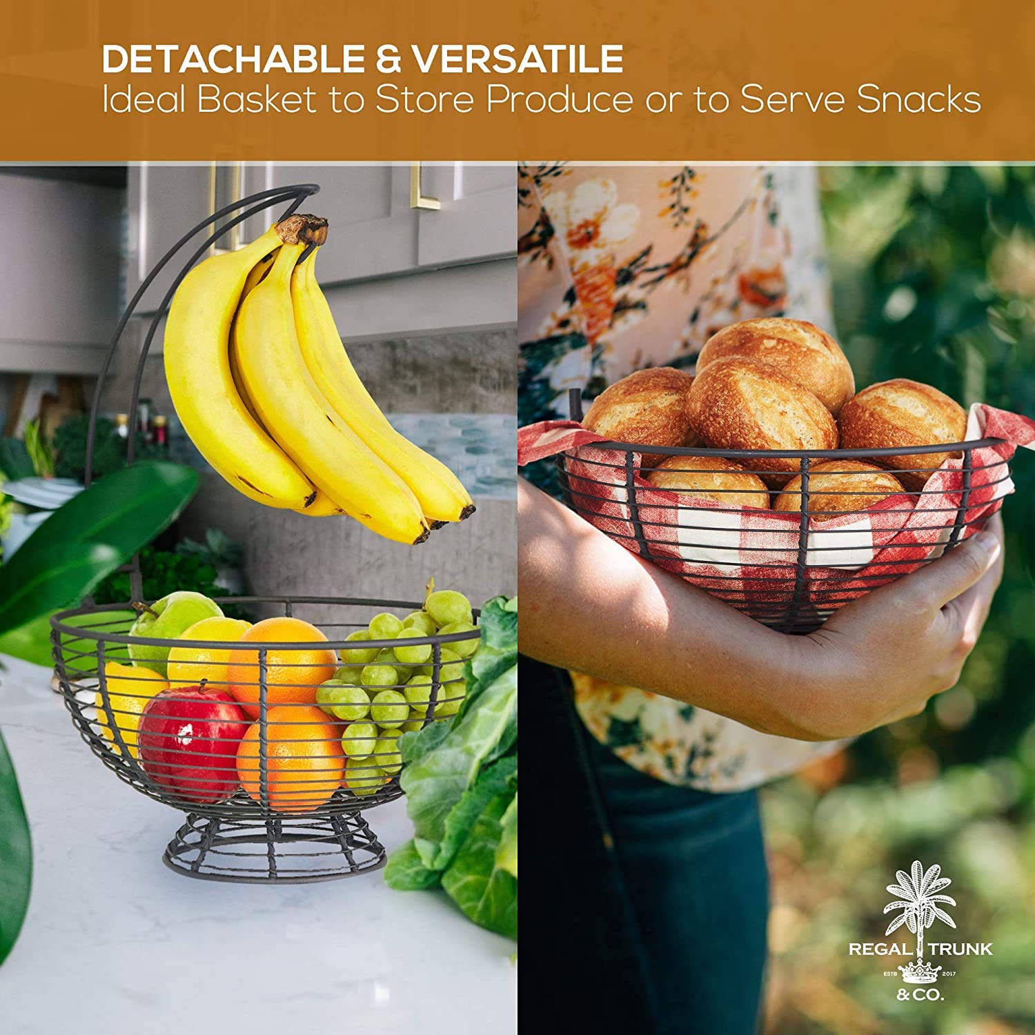 REGAL TRUNK & CO. Large Fruit Basket With Banana Hanger l Rustic French Farmhouse Fruit Bowl