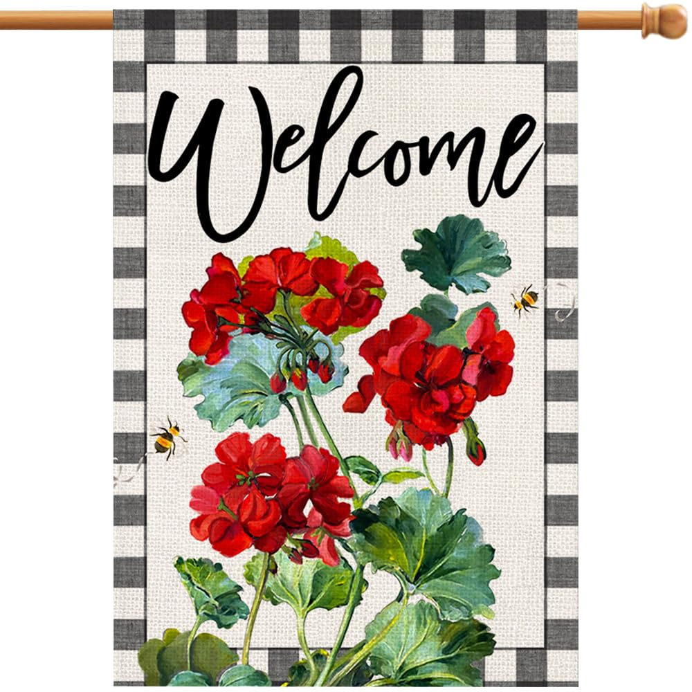 Welcome Spring Summer Geranium House Flag 28x40 Inch Burlap Double Sided Outside, Seasonal Floral Bee Sign Yard Outdoor Decoration DF455-28