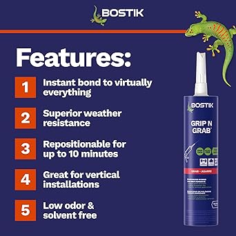 غراء لاصق عالي التحمل ممتاز من BOSTIK Grip n Grab 9.5oz Instant Grab | درجة احترافية | داخلي خارجي مقاوم للماء ورائحة منخفضة سريع المعالجة | خشب خرساني حوائط جافة معدنية والمزيد | خرطوشة واحدة