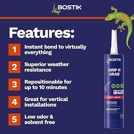 غراء لاصق عالي التحمل ممتاز من BOSTIK Grip n Grab 9.5oz Instant Grab | درجة احترافية | داخلي خارجي مقاوم للماء ورائحة منخفضة سريع المعالجة | خشب خرساني حوائط جافة معدنية والمزيد | خرطوشة واحدة