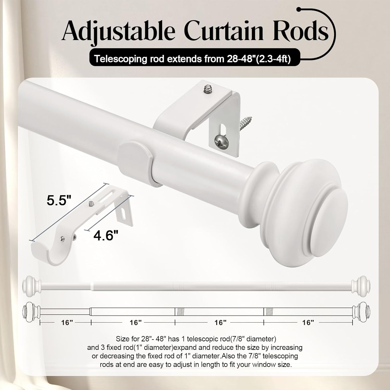SIMEWIN Heavy Duty White Curtain Rods, 1 Inch Diameter, 28 to 48 Inch, Classic Finials, Iron, Wall Mounted, Color-treated, Wear-resistant Coating