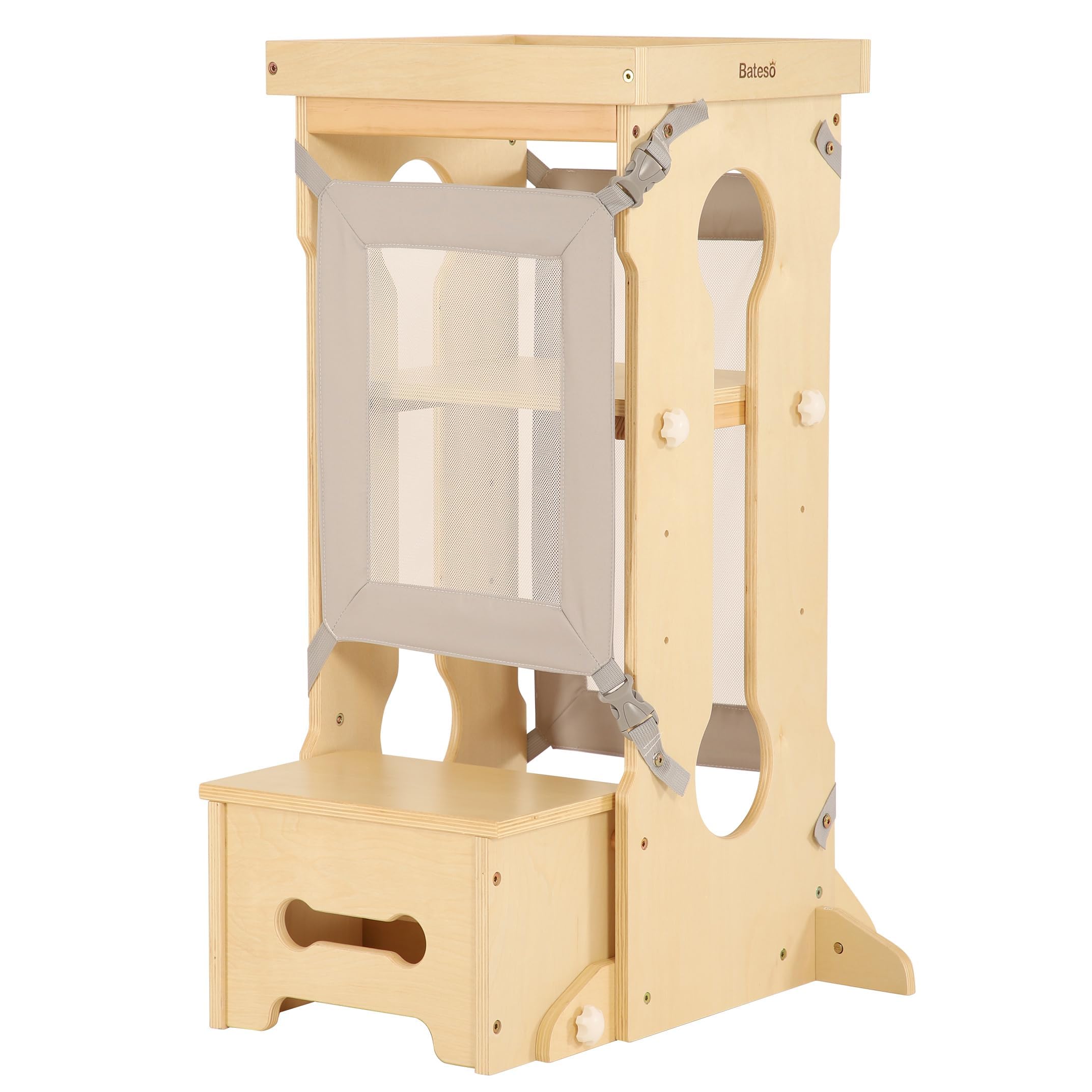 Wooden Toddler Tower with 2 Detachable Nets, Adjustable Height Kids Kitchen Step Stool, Toddler Standing Tower for Kitchen Counter, Montessori Kitchen Stool Helper for Kids 1-6