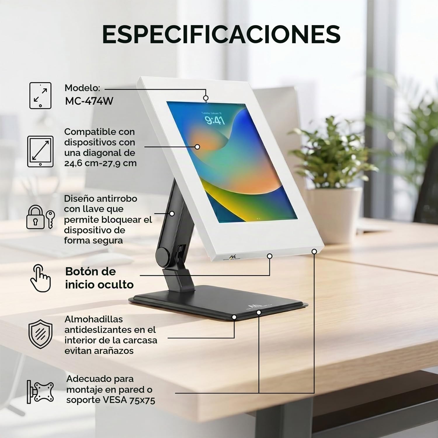 Maclean MC-474W Soporte Publicitario para Tablet Soporte de Pared con Bloqueo, 9,7"-11", Compatible con iPad/iPad Air/iPad Pro, Samsung Galaxy Tab A/Tab A7/Tab S6 Lite
