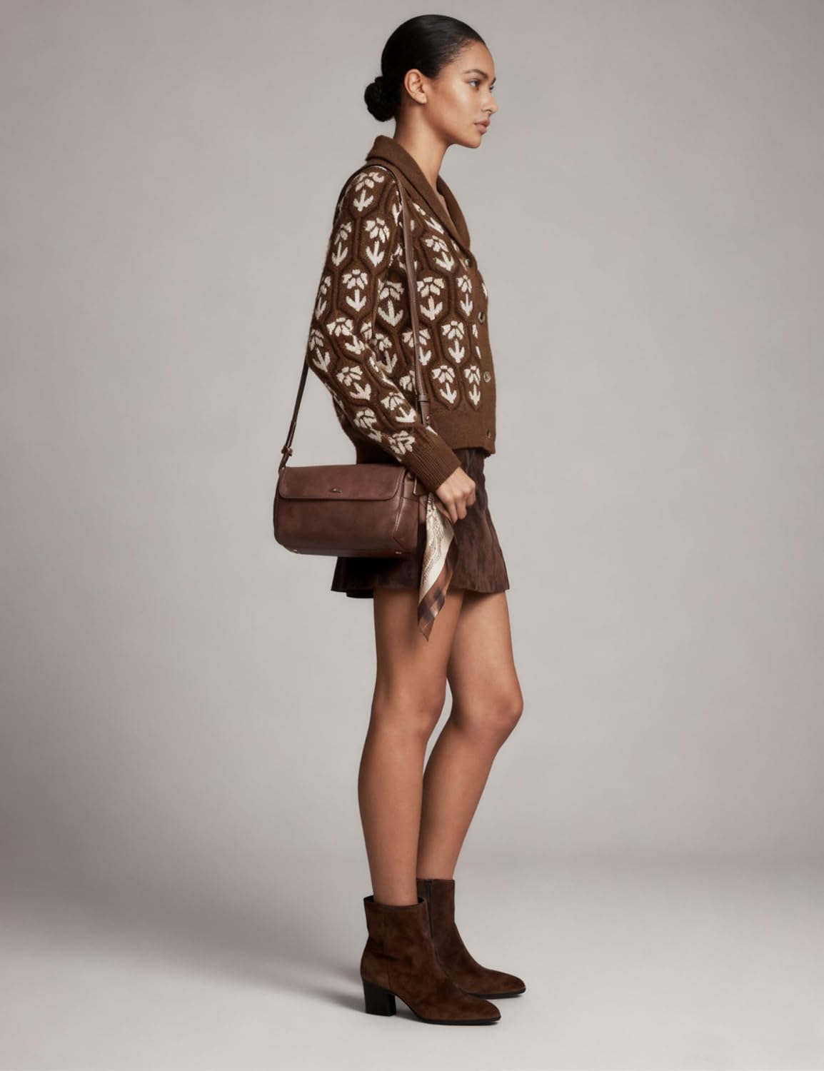 Women Floral Cropped Cardigan Sweaters Shawl Collar Long Sleeve Button Down Knit Jacket Flower Print Knitwear(Brown-S) - Image 5