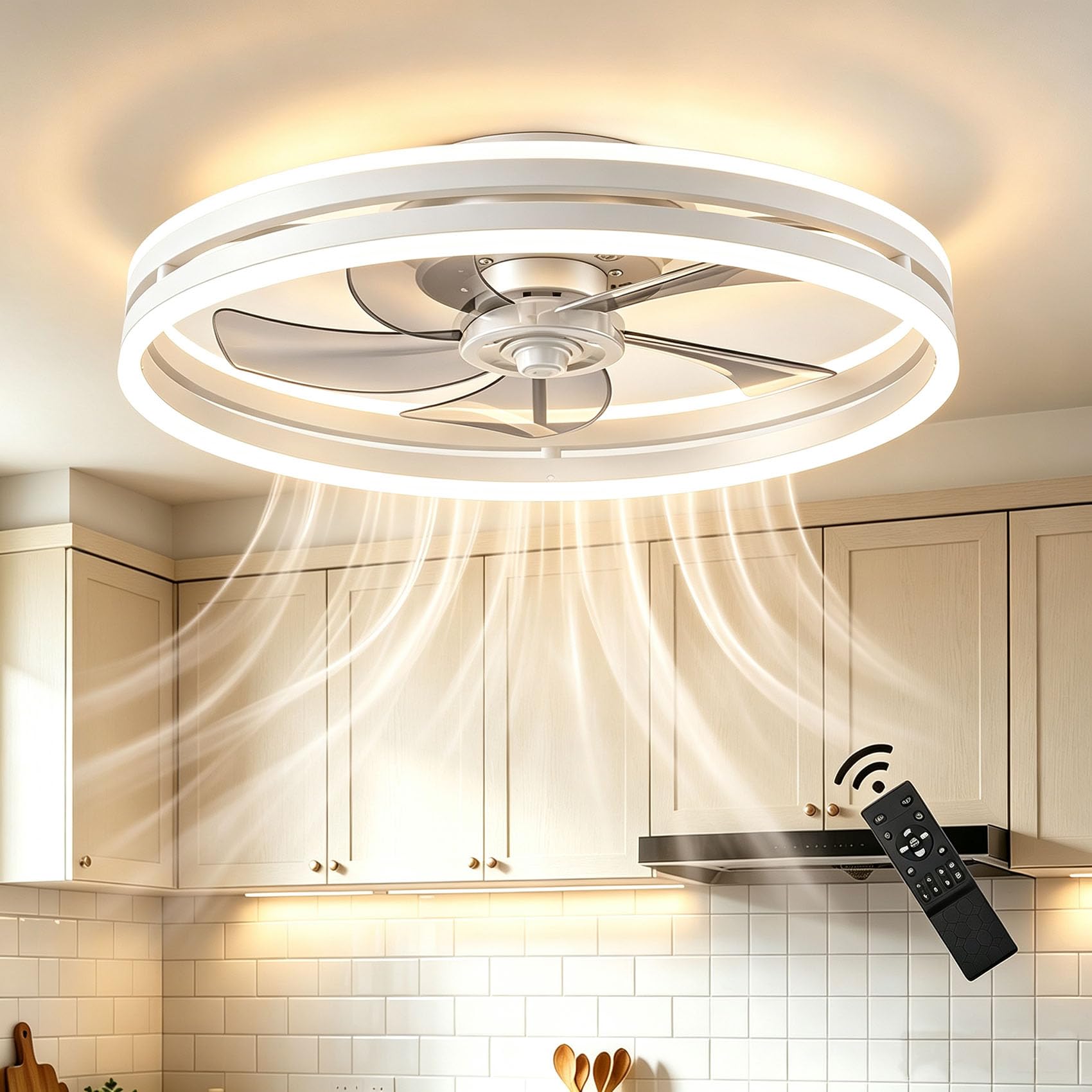 LED Deckenventilator mit Beleuchtung Leise, Dimmbare Deckenleuchte mit Ventilator, Umkehrbare 6-Speed Lampe mit Ventilator, 5 Lüfterflügel, Timer deckenlampe mit licht(Bianco)