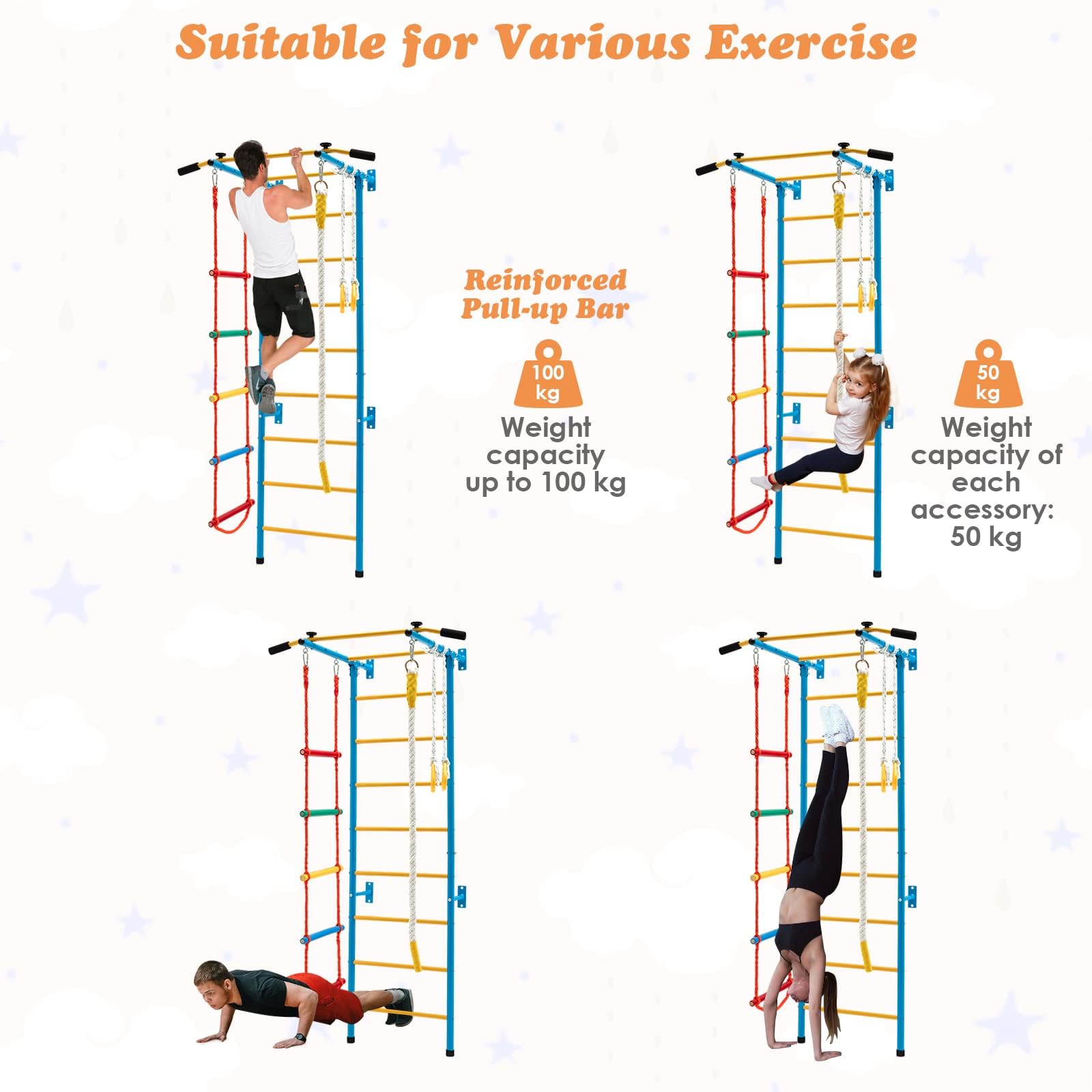 COSTWAY Échelle Murale Suédoise avec Barre de Traction & Échelle de Corde, Espalier Mural pour Enfants en Acier au Carbone avec Anneaux Gymnastique, Jeux d'escalade d'intérieur pour 3 Ans+