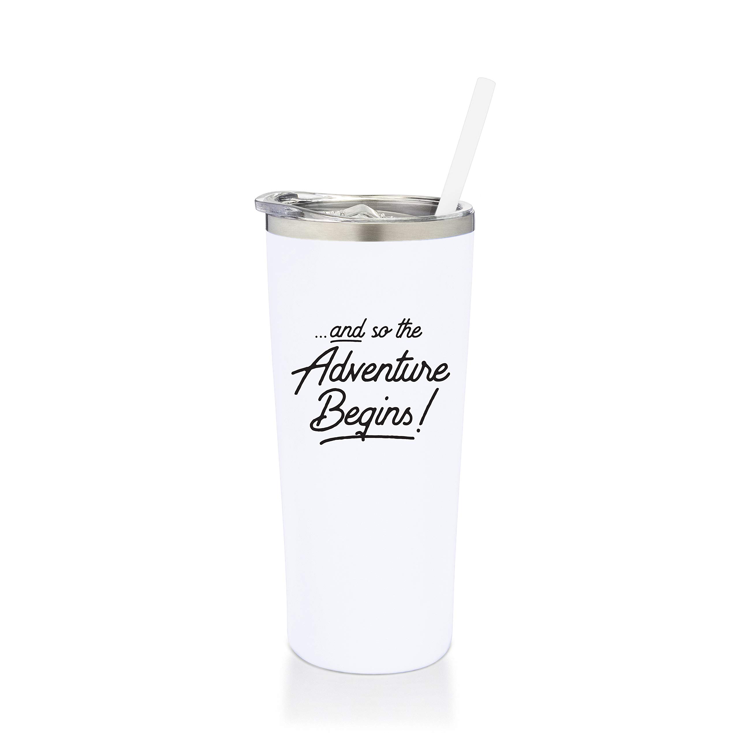 and So The Adventure Begins - Personalized Insulated Coffee Tumbler with Lid – Stainless Steel Insulated Travel Mug with Straw – Graduation, Promotion, Going Away, Job Change - Adventure Awaits