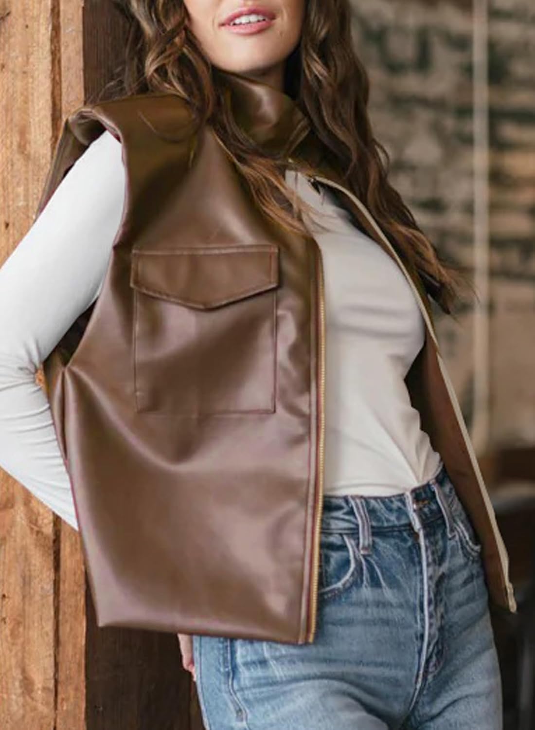 EVALESS Faux Leather Jacket Women Sleeveless Motorcycle Coat Zip Up Vest Jackets Fall Fashion Outfits Winter Clothes - Image 5