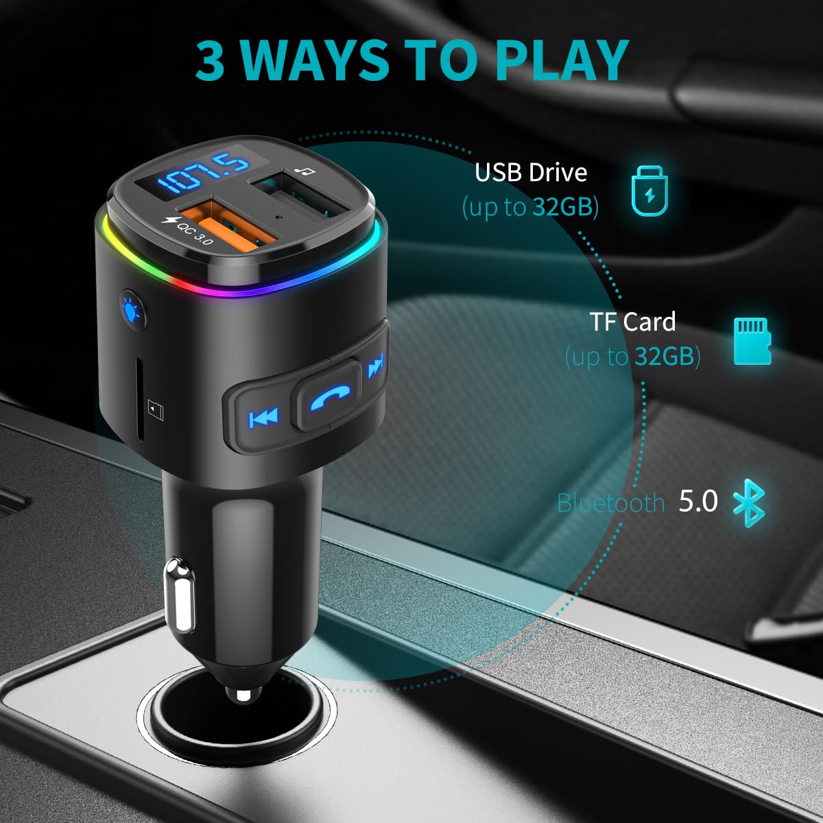 ORIA Émetteur FM Bluetooth 5.3 Voiture - Adaptateur Avec 2 Ports USB, Mains Libres, Carte TF USB - Bleu