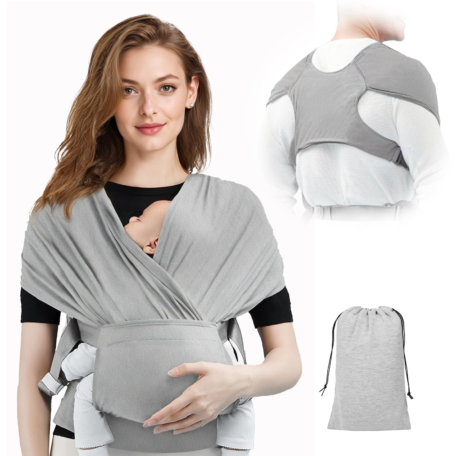 AOOWU Babytrage Tragetuch Baby Neugeborene bis 15 kg - Freihändiges Babytragetuch -Einfach Anzuziehen für Mütter und Väter - Babytrage Multi-Use Babywickel Träger(Hellgrau, Schnallenstil)