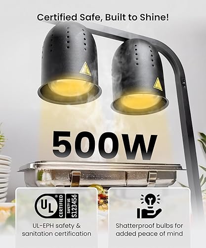 Miniatura 2 de SYBO DL2112 - Lámpara de calor de alimentos de grado comercial, calentador eléctrico portátil de alimentos, 2 bombillas de 500 W con soporte