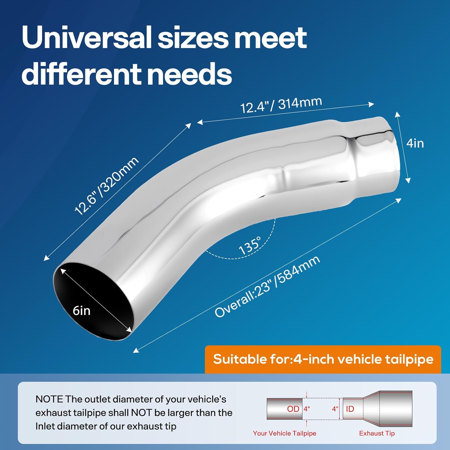Exhaust Tip,Universal Exhaust Elbow Pipe 4” Inlet 6" Outlet with Steel Clamp - Chrome/Black Finish for Cars & Trucks