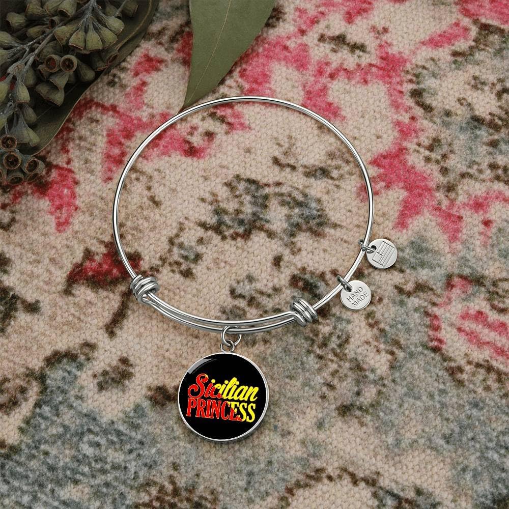 P.S. I Love Italy Sicilian Princess With Circle Charm Bangle - Italian Themed Jewelry Gift of Glass Bangle on Surgical Steel Fashion Bracelet