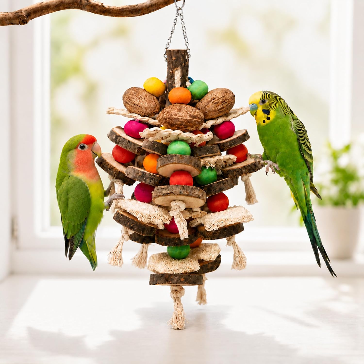 Large Parrot Toys Bird Chewing Toys-Natural Nuts Corn Loofah Wooden Bird Cage Toy for African Grey,Macaws,Conure,Cokatoos,Cockatiel,Amazon Parrots and Other Medium and Small Birds