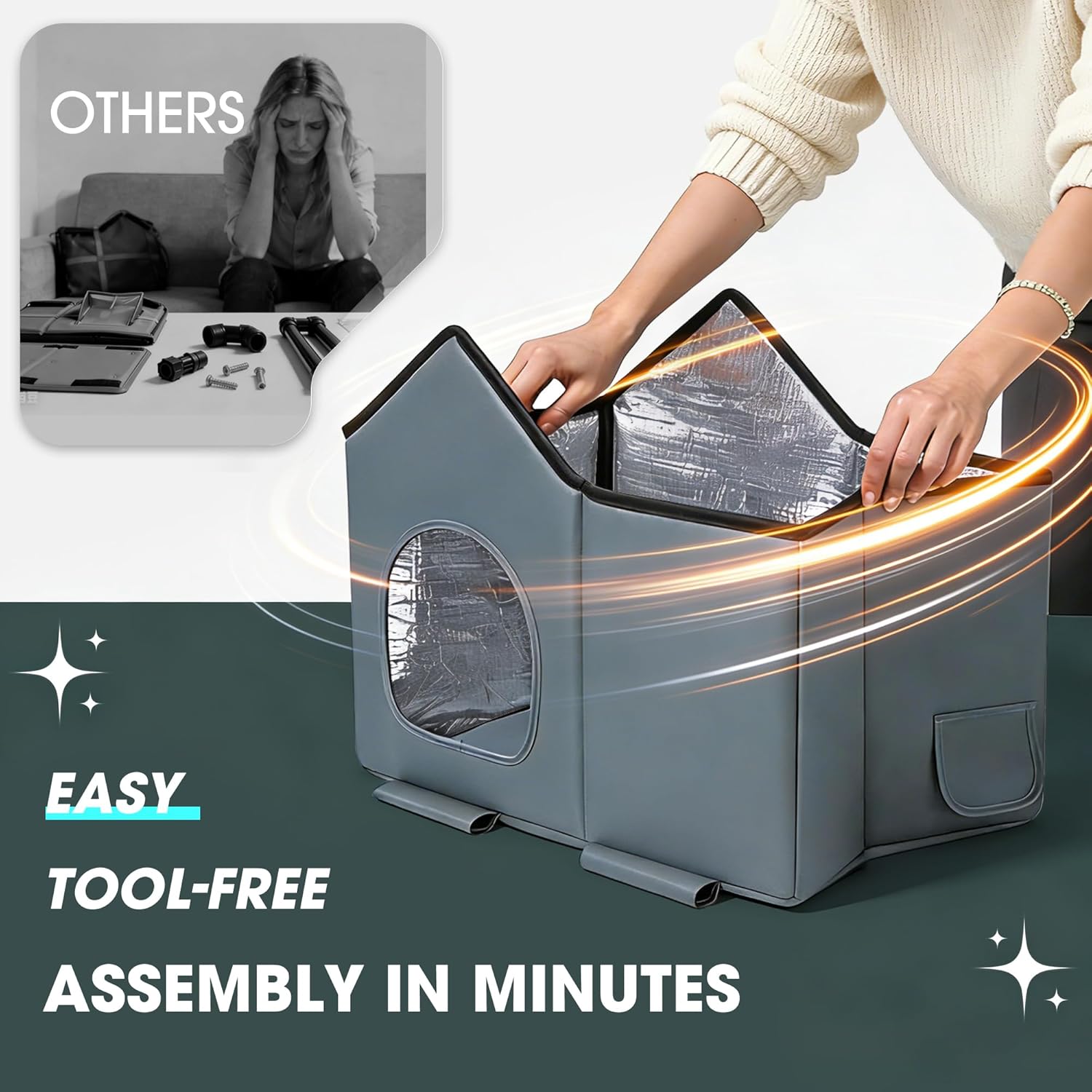 Weatherproof Heated Cat House for Outside with Heating Pad, Elevated Feet Outdoor Cat House, Expanded Canopy Warm Cats Shelter, Heating Pet Beds for Feral or Stray Cats in Winter (Warm Grey, Heated)