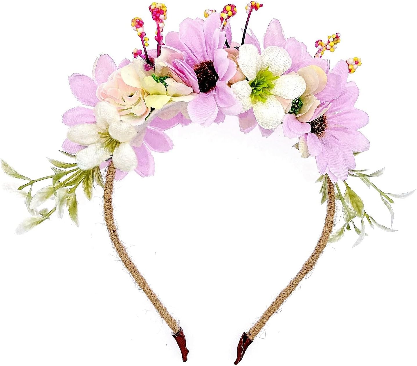 Wedding flower girl bridesmaid bride daisy flower headband tiara for girl & woman bridal hairband floral garland headpiece, light purple-pink