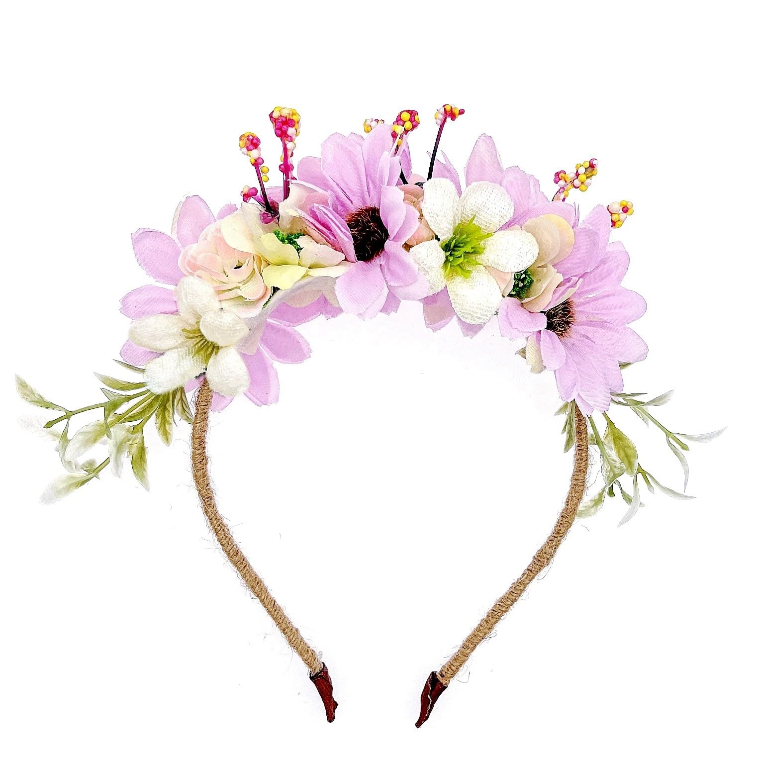 JZK Wedding flower girl bridesmaid bride daisy flower headband tiara for girl & woman bridal hairband floral garland headpiece, light purple-pink