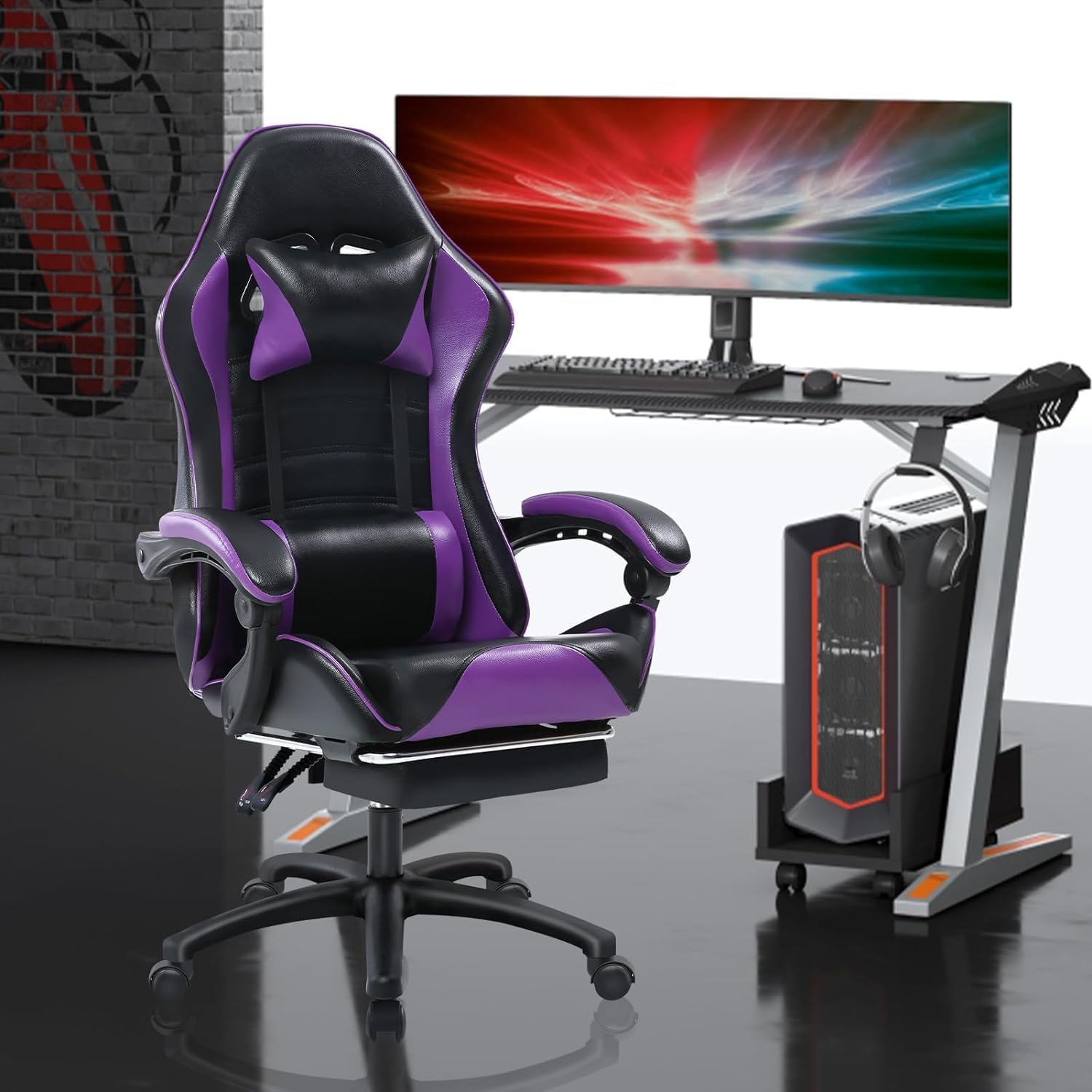 HISKC Ergonomic Gaming Chair with Footrest, PU Leather