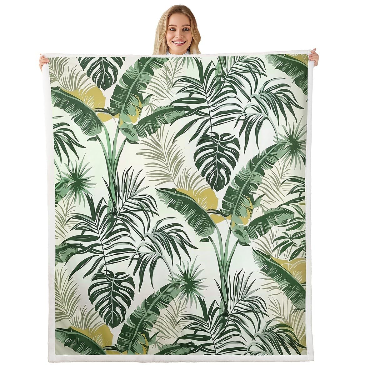 Couverture polaire en flanelle à motif feuilles tropicales pour déco de salon