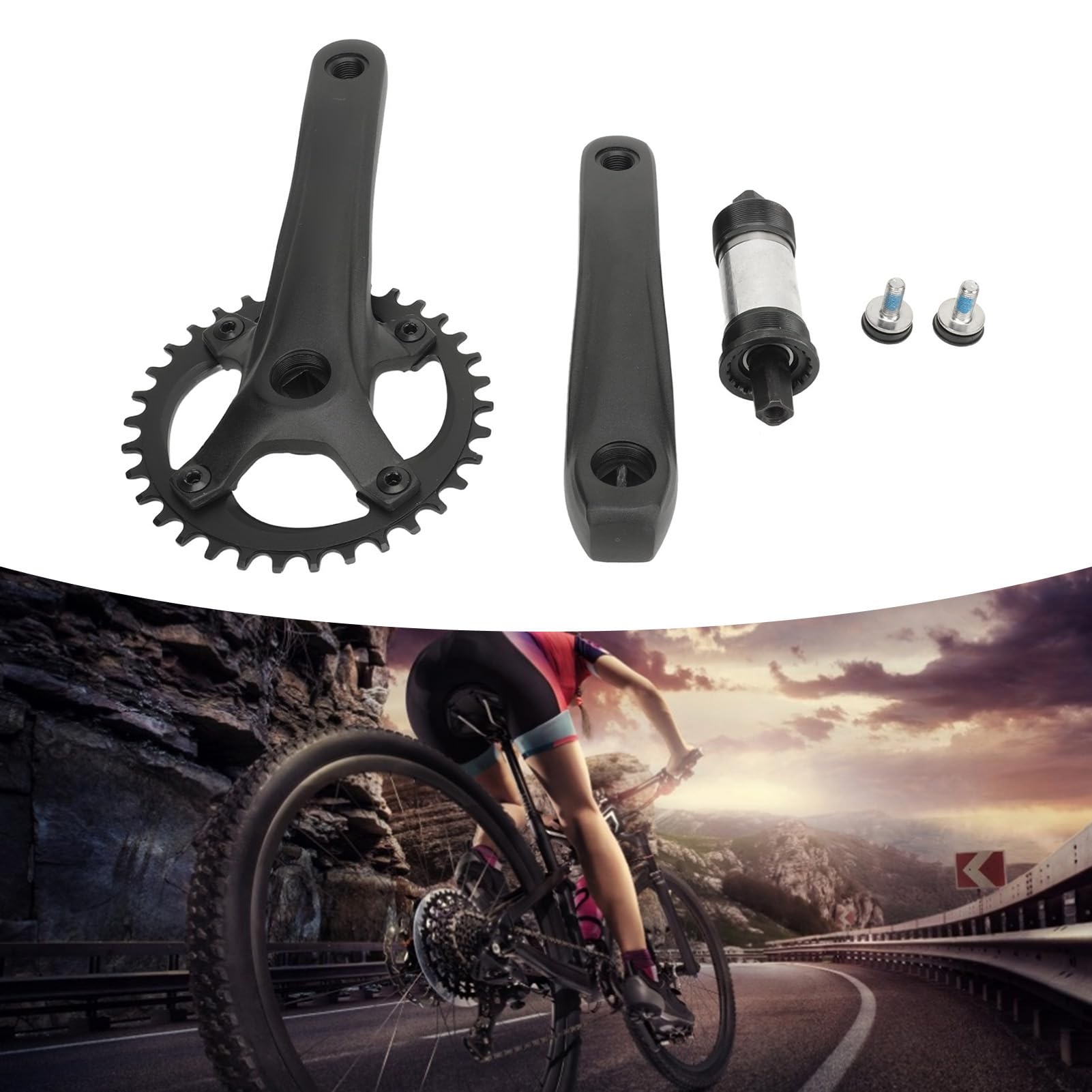 Jiawu Mechanizm Korbowy do Rowerów Górskich ze Stopu Aluminium 34T 104BCD Kwadratowy Otwór z pojedynczą tarczą, Dodatnia Ujemna Tarcza, Stabilne Trwałe Części do Konwersji 7-12 Prędkości Zapewniające