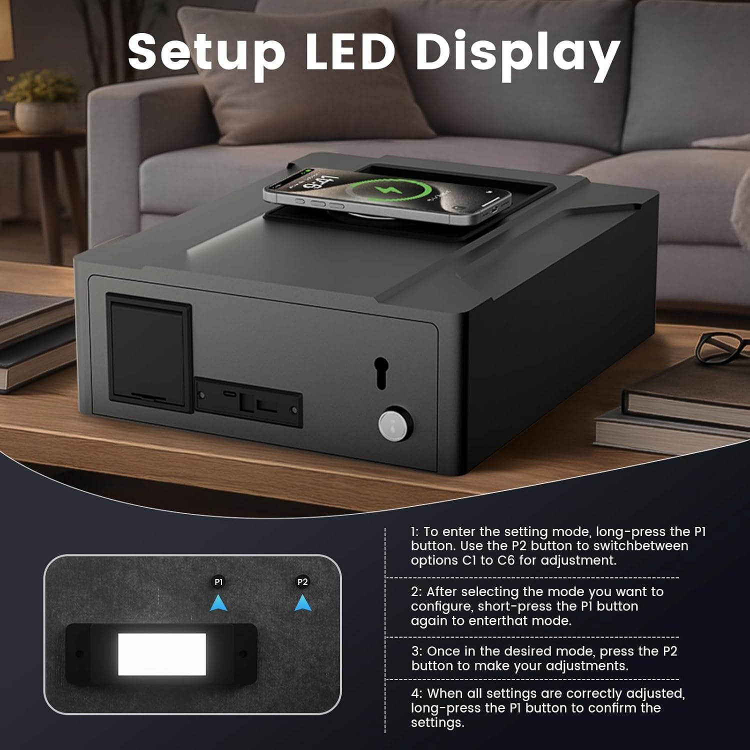 XDeer Biometric Gun Safe for Handgun, Nightstand Smart Safes Box with Wireless Charging for Phone and Watch, 3 Ways Quick Access Fingerprint Gun Safes, Auto Pop-up Drawer Safe with Digital Clock 1PCS