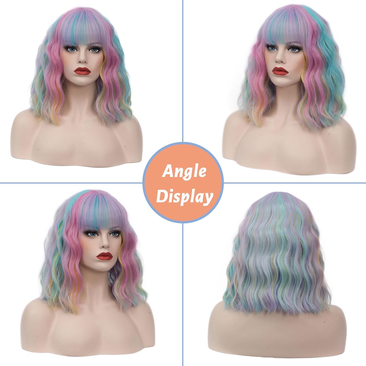 Women's Multi Color Rainbow Wig Short Curly Wavy Wig Shoulder Length Flat Bangs Wig For Women Girl Cosplay Party Halloween Wig Cap Included (Multi Color Rainbow) - Image 2