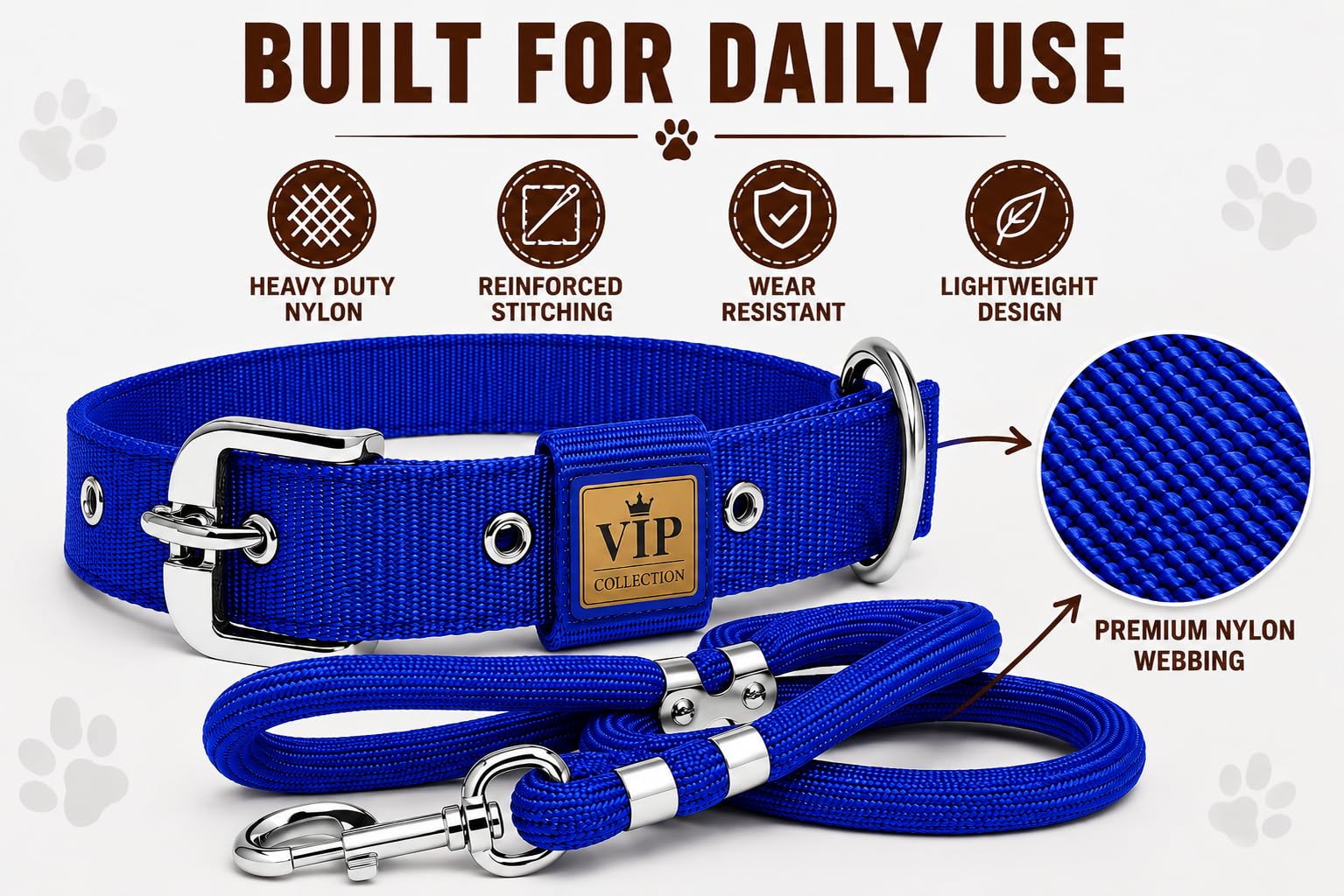 VIPCOLLECTION Dog Collar & Rope Leash Set Adjustable Comfortable for Training Walking and Running for All Breeds. Also Offer Secure Control (Extra Large, Blue), 5 Feet