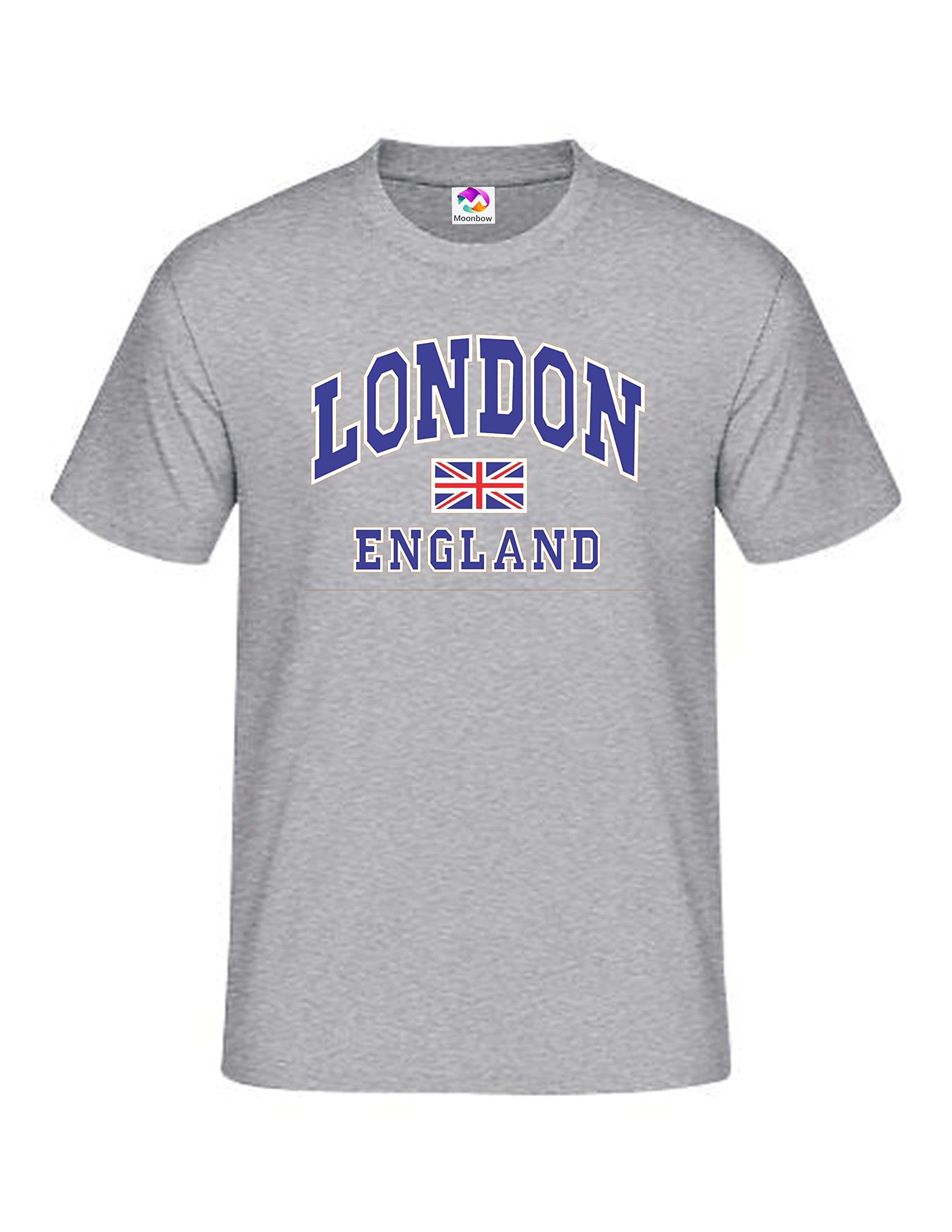 Moonbow London England with Union Jack Flag Souvenir Quality Printed T-Shirt Grey