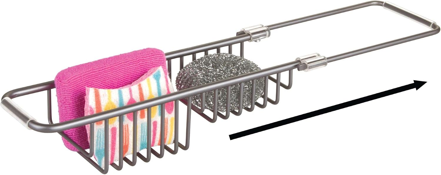 iDesign Metro Metal Expandable Over the Kitchen Sink Caddy, Rustproof Holder for Sponges, Scrubbers, Bars of Soap, 13.23" x 4.50" x 2.75", Expands to 19" Wide - Gray