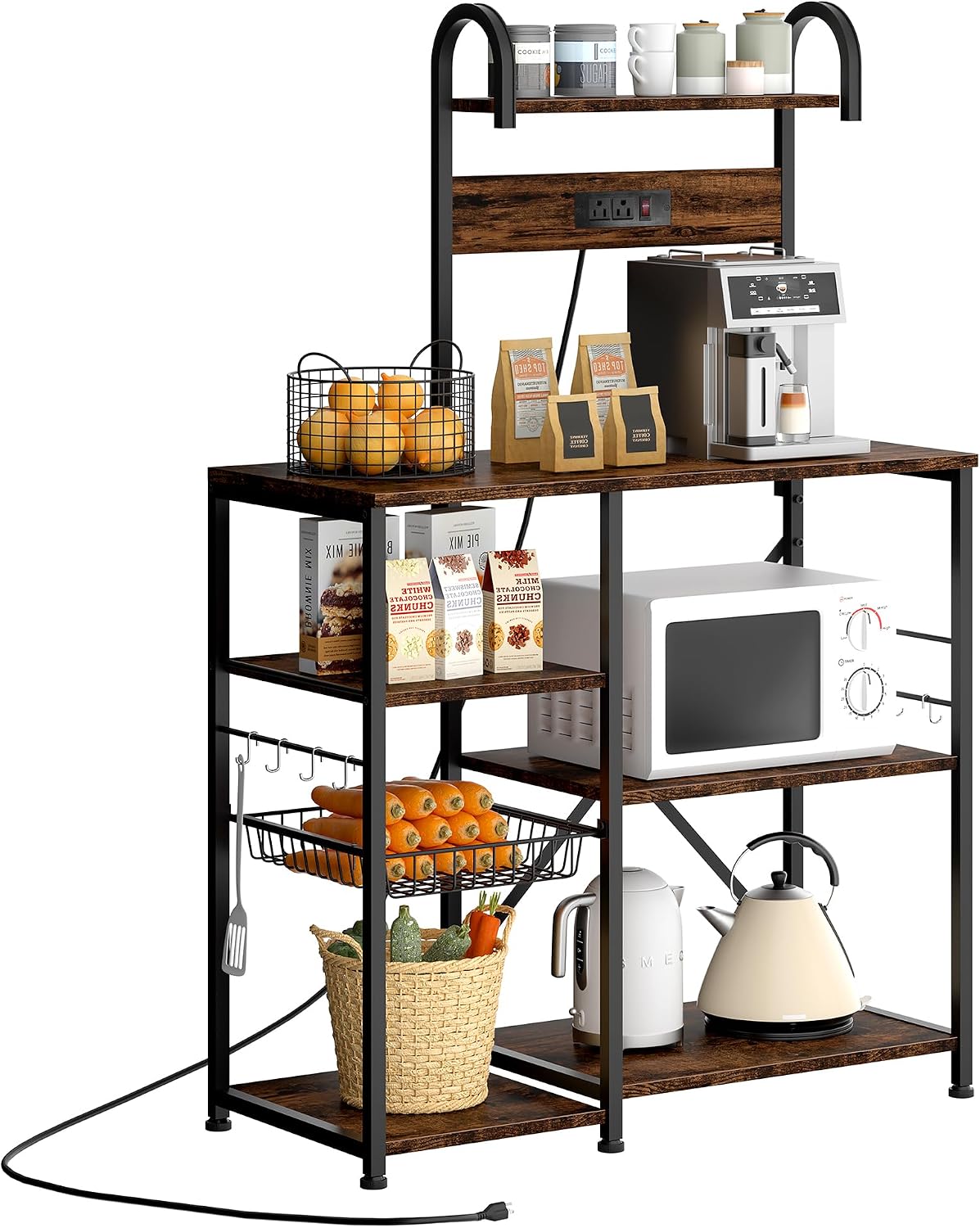 JAMFLY 35.4 inch Kitchen Bakers Rack with Power Outlet, Coffee Bar Table & Microwave Stand, Storage Shelf Rack with Wire Basket & 6 S-shaped Hooks for Spices, Pots and Pans - Rustic Brown