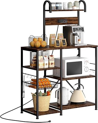 Miniatura 8 de JAMFLY Estante para hornear de cocina con toma de corriente, mesa de café y soporte para horno microondas, estante de almacenamiento con cesta de