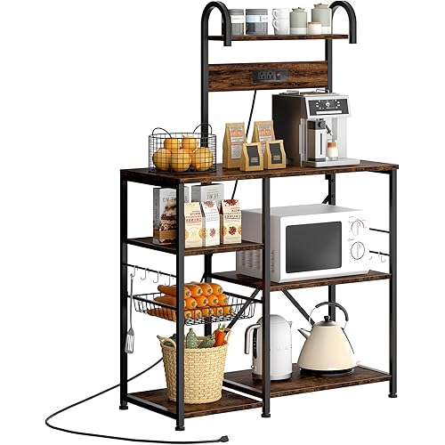 JAMFLY 35.4 inch Kitchen Bakers Rack with Power Outlet, Coffee Bar Table & Microwave Stand, Storage Shelf Rack with Wire Basket & 6 S-shaped Hooks for Spices, Pots and Pans - Rustic Brown