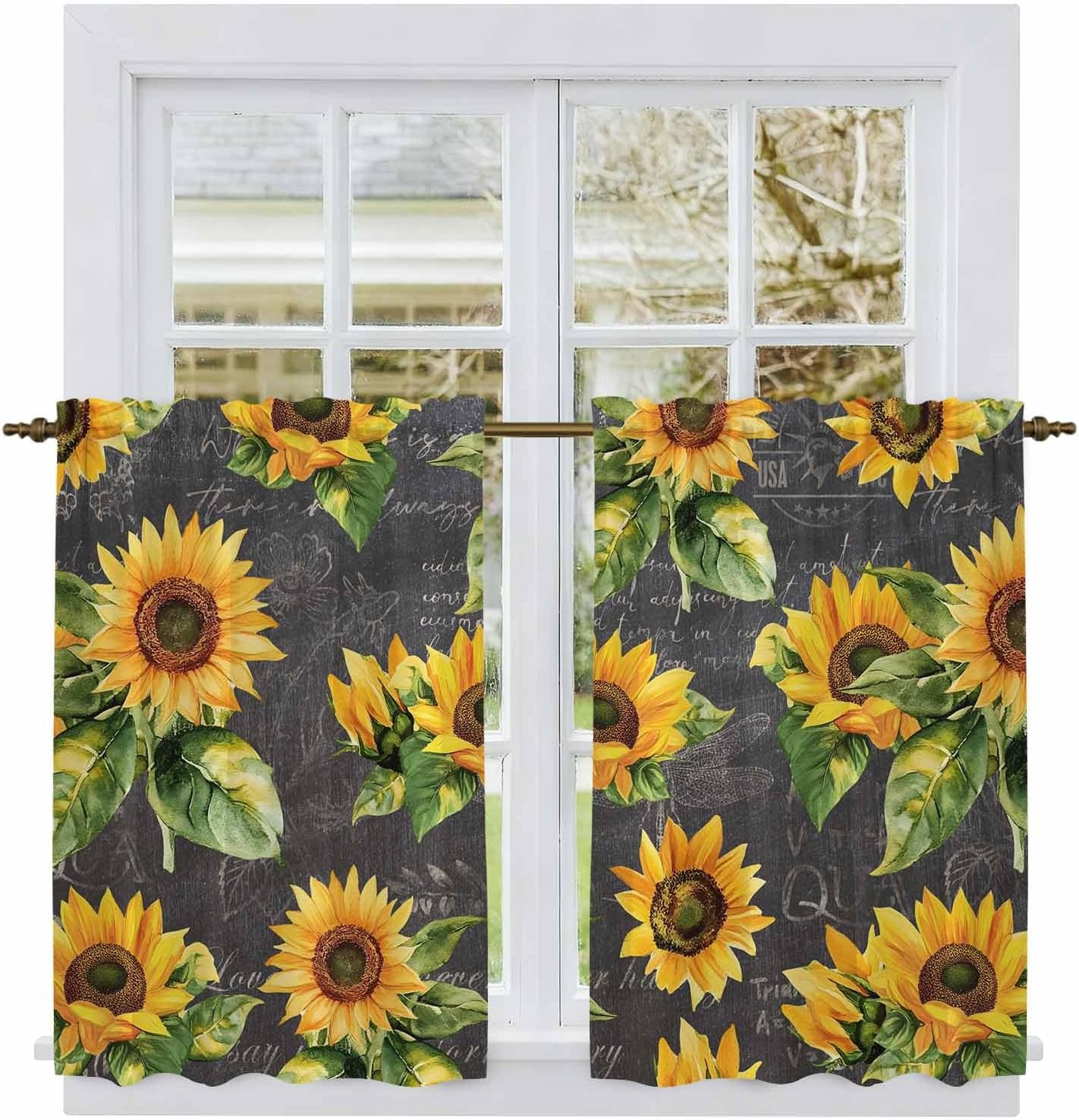 Sunflower Black Retro Kitchen Curtains, Spring Summer Flowers Botanical Light Filtering Window Curtain Panels, 2Pcs Rod Pocket Window Treatments Set for Cabin Bathroom Bedroom 52x45 Inches