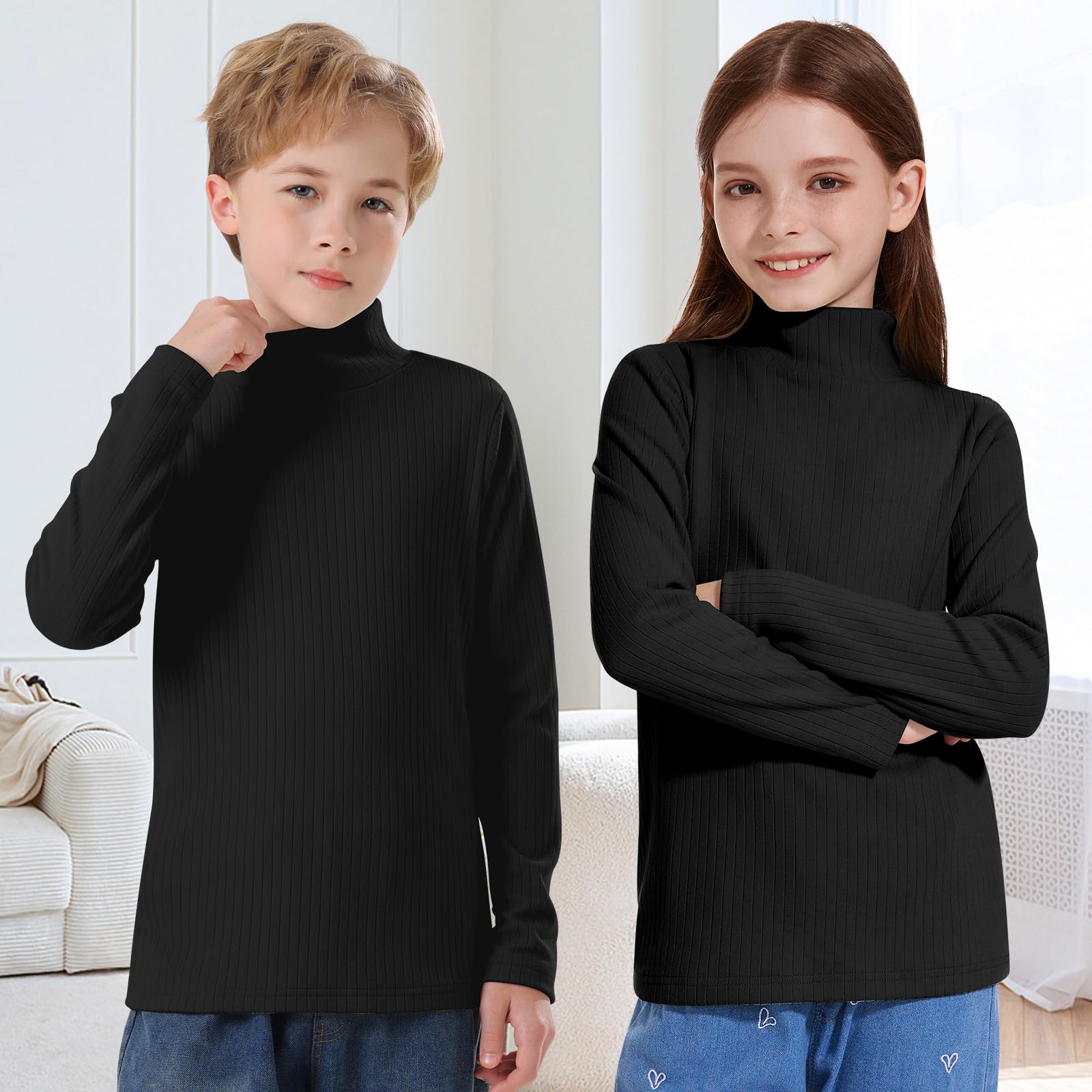 WOWENY T-Shirt à Manches Longues Unisexe pour Enfant - sous-vêtements Thermiques - Col roulé - T-Shirt côtelé Basique - sous-vêtements d'hiver pour garçons et Filles