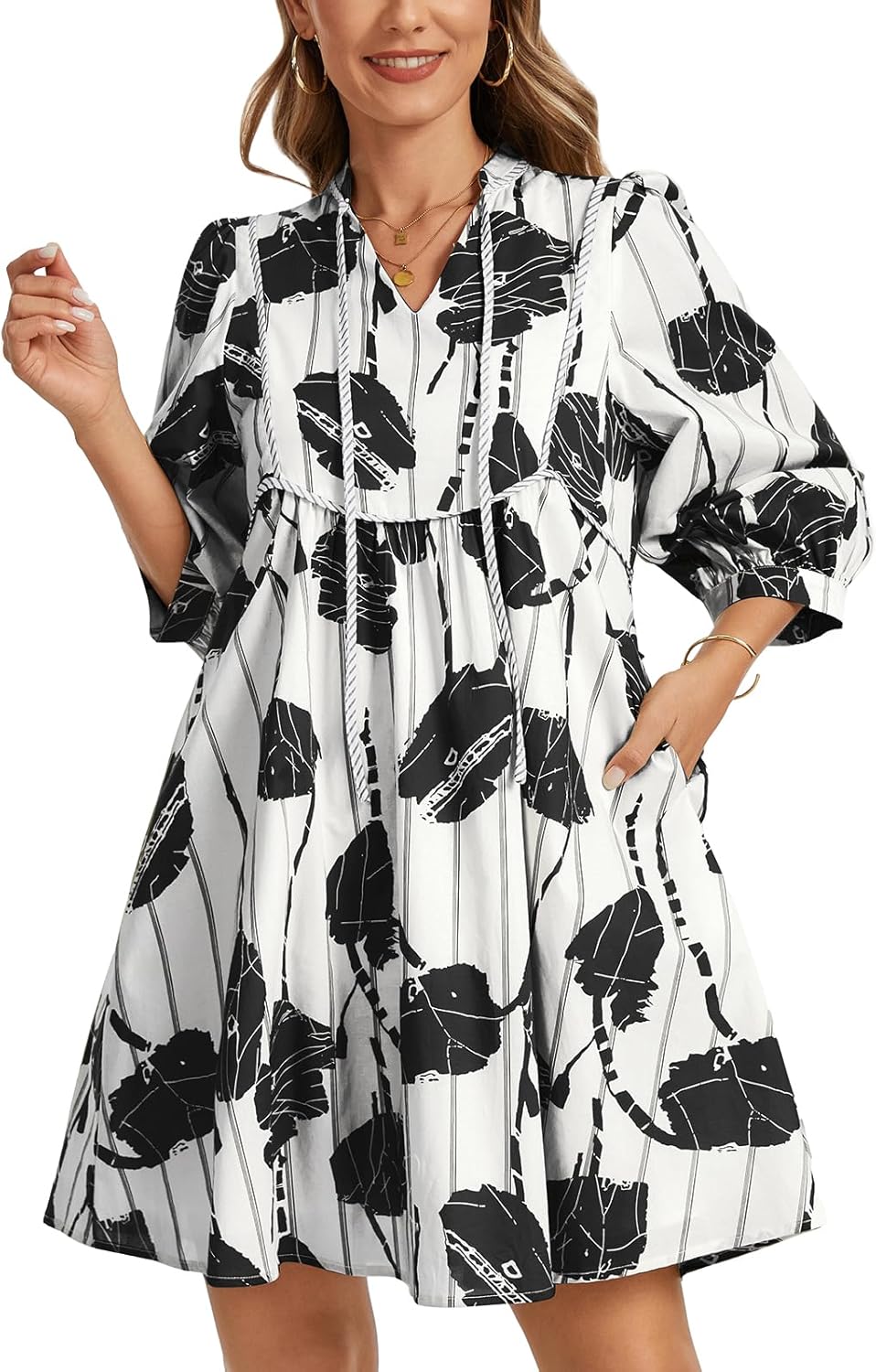 Women Floral Babydoll Mini Dress V Neck 3/4 Puff Sleeves A Line Flowy Swing Summer Sun Dresses