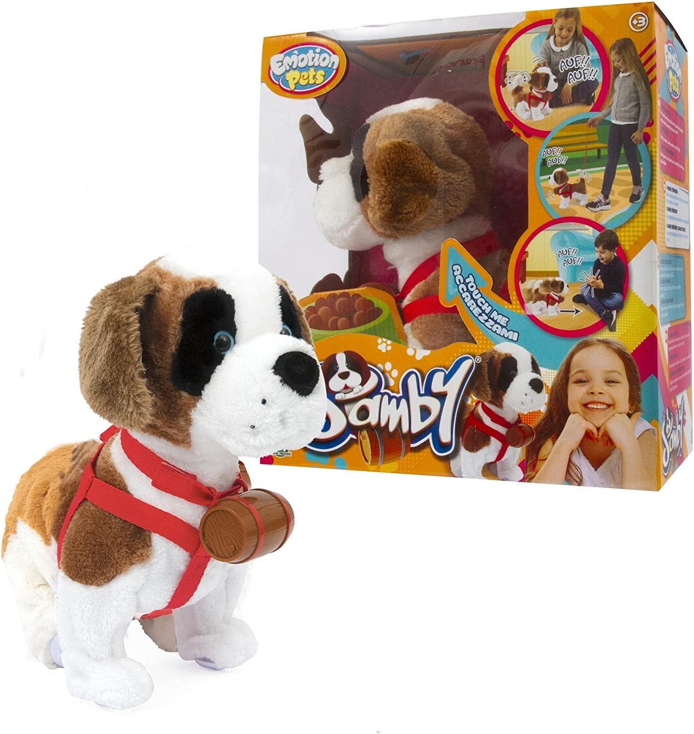 Emotion Pets - Samby Tenero Peluche Di San Bernardo Da Coccolare E Portare A Spasso Con Il Suo Guinzaglio E La Sua Botte, Per Bambini A Partire Da 3 Anni, MTM2300, Giochi Preziosi, Multicolore