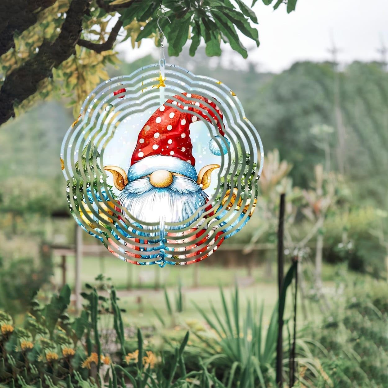 Gnome Gifts Pine Tree Christmas Wind Spinners 3D Stainless Steel Laser Cut Metal Double Sided Printing-Hanging Indoor/Outdoor Decorations Yard Gardening Decor,Metal Kinetic Art 16x16 inches