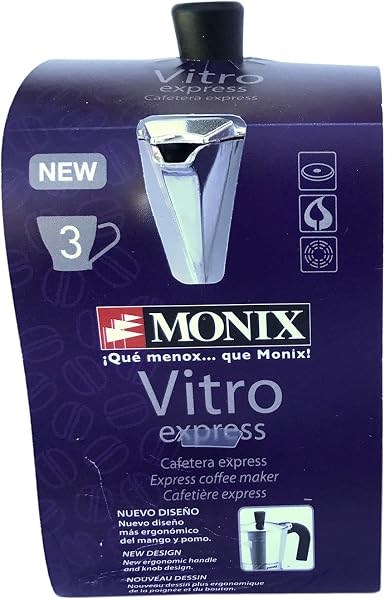Vista detallada del mango ergonómico de baquelita termo-resistente de la cafetera Monix Vitro Express.