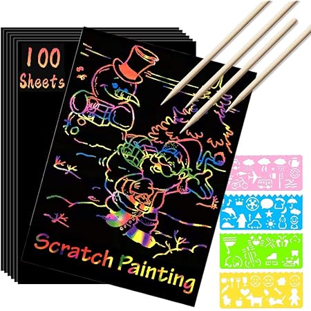 Scratch Paper Art Set, 100 Sheets Rainbow Magic Scratch Art Black Scratch it Off Paper Crafts Notes Drawing Boards Sheet with 10 Wooden Stylus and 4 Stencils for Kids DIY Christmas Birthday Gift Card