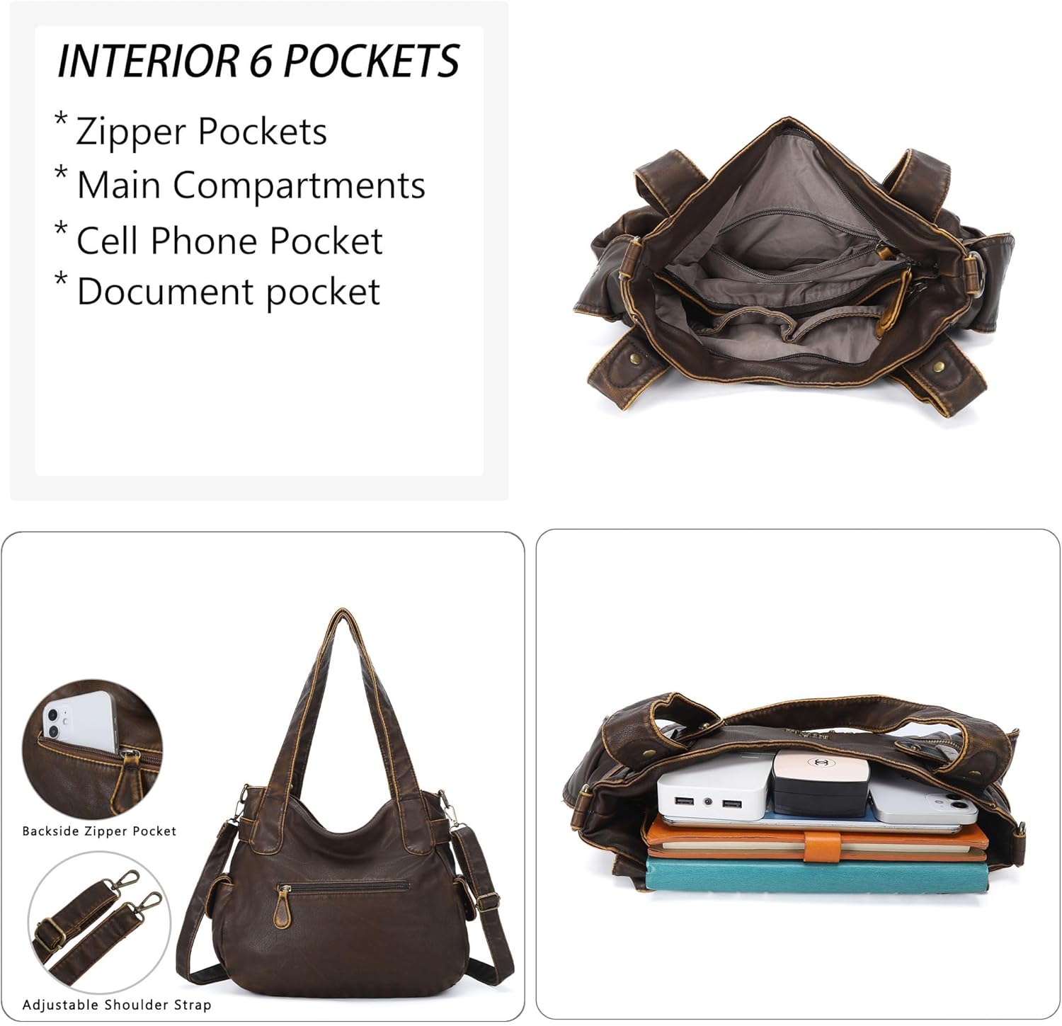 Angel Kiss Women's Designer Handbag Large Double Zipper Multi Pocket Washed Leather Purse - Image 6