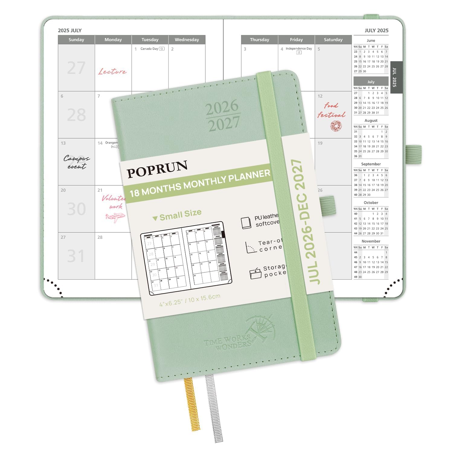 POPRUN Month to View Diary 2026-2027 A6 (16x10.5cm) Pocket (18-Month: Jul'26 - Dec'27) Monthly Planner Soft Cover Small 26/27 Diary, Sunday Start(Celadon Green) โ image 1