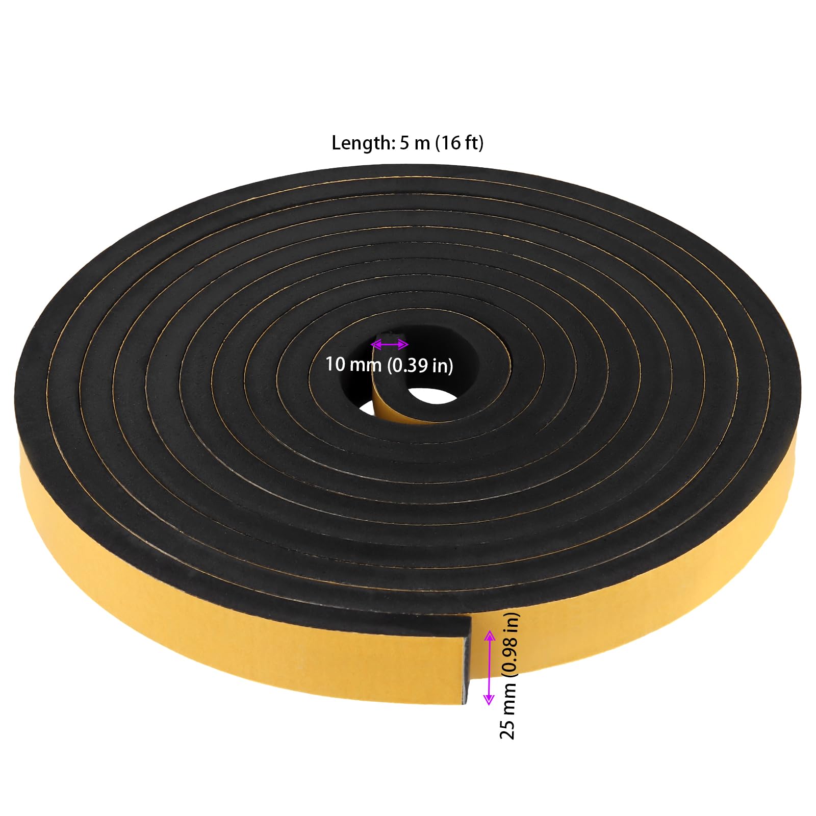 Lot de 3 bandes d'étanchéité autocollantes en caoutchouc mousse 25 mm x 10 mm x 5 m Noir pour porte fenêtre