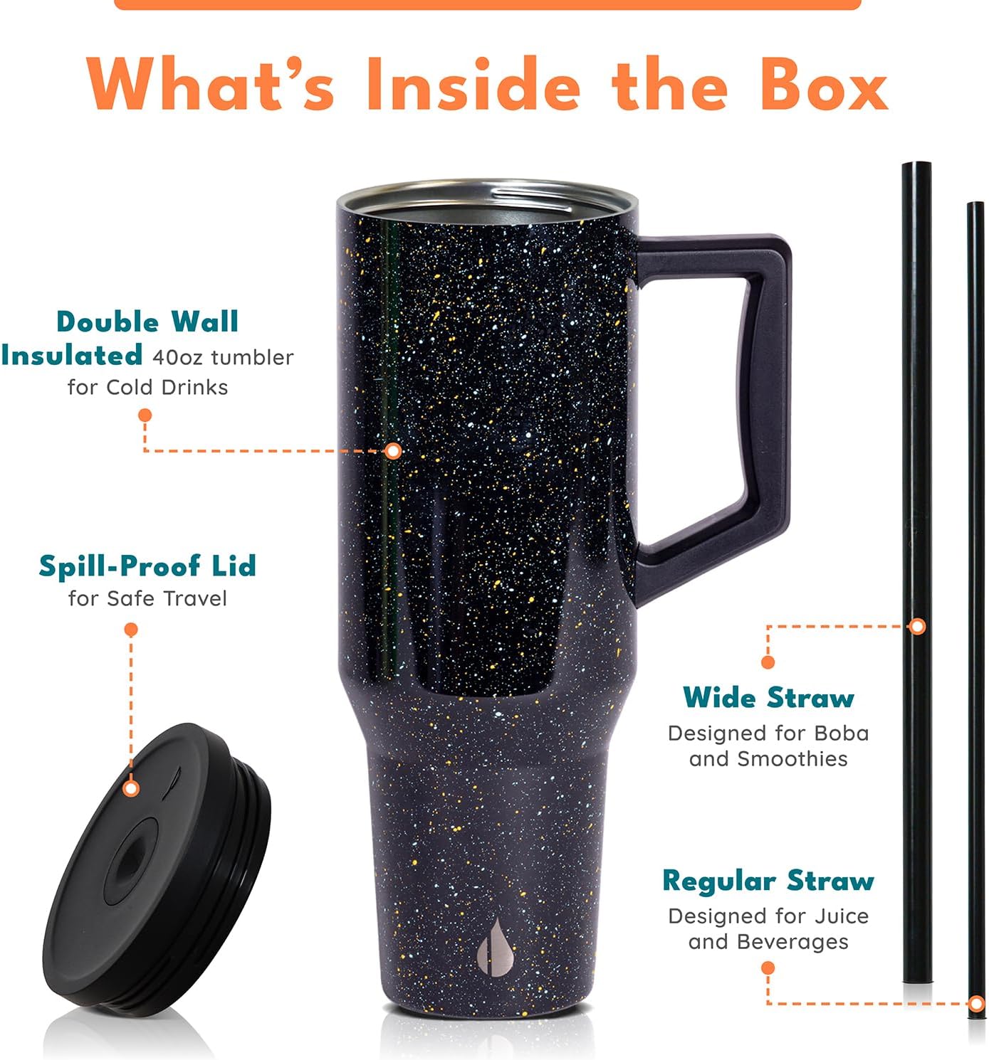 Elemental 40 oz Tumbler with Handle and Straw - Spill Proof Insulated Stainless Steel Commuter for Hot and Cold Beverages - Travel Coffee Mug with 2 Straws & Spill Proof Lid - 40oz - Black Speckle - Image 3